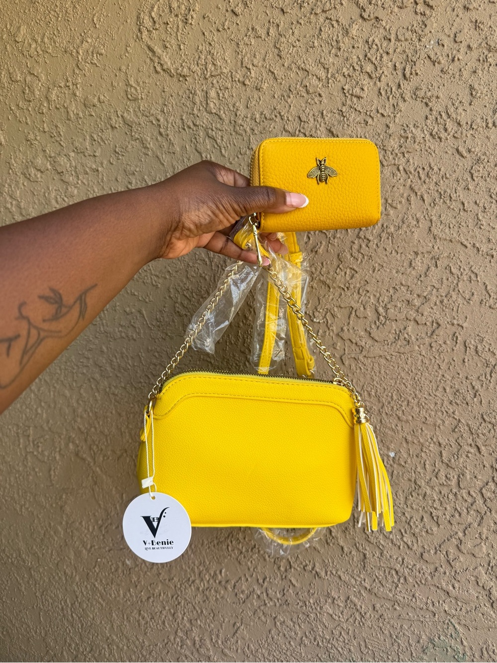 Yellow Leather Bee Embellished Wallet & bag